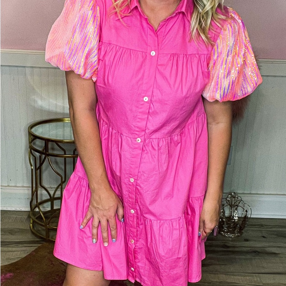Sz S pink sequin  bubble sleeve dress